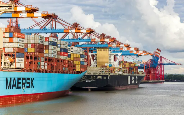 Container ship and cranes at a terminal