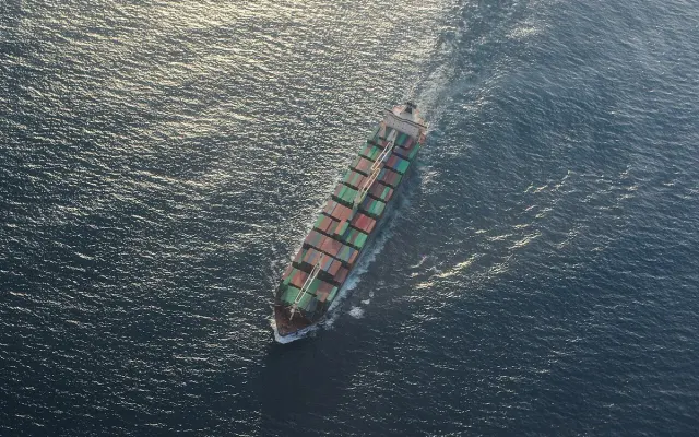 Aerial view of a container ship underway